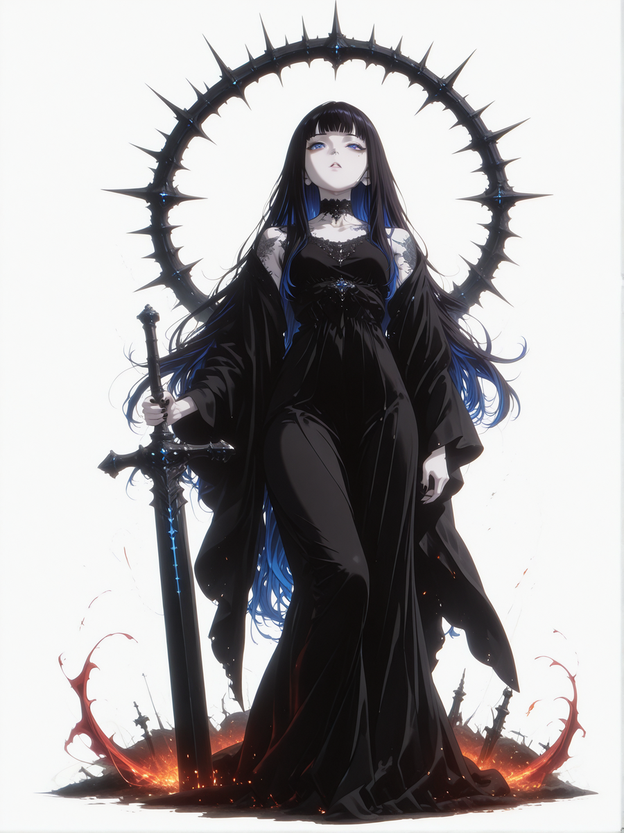 (white background, sssplash, full body:1.2), 1girl, solo, very long black hair with inner blue highlights at ends, (deep_blue_highlights_at_ends:1.3), princess cut, straight blunt bangs, hair volume high, light blue eyes, parted lips, cold expression, pale fair skin, mole under right eye, wearing black silk dress, black sheer shawl, full floral sleeve tattoos visible through shawl, shoulder tattoo, neck tattoo, black nail polish:1.2, holding a massive greatsword in one hand, sword design matches red-black theme, dramatic silhouette, weapon glows faintly in red outline, pose: confident stance, back slightly turned, looking over shoulder, looking at viewer, hair and shawl flow with movement