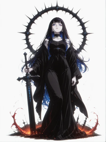 (white background, sssplash, full body:1.2), 1girl, solo, very long black hair with inner blue highlights at ends, (deep_blue_highlights_at_ends:1.3), princess cut, straight blunt bangs, hair volume high, light blue eyes, parted lips, cold expression, pale fair skin, mole under right eye, wearing black silk dress, black sheer shawl, full floral sleeve tattoos visible through shawl, shoulder tattoo, neck tattoo, black nail polish:1.2, holding a massive greatsword in one hand, sword design matches red-black theme, dramatic silhouette, weapon glows faintly in red outline, pose: confident stance, back slightly turned, looking over shoulder, looking at viewer, hair and shawl flow with movement