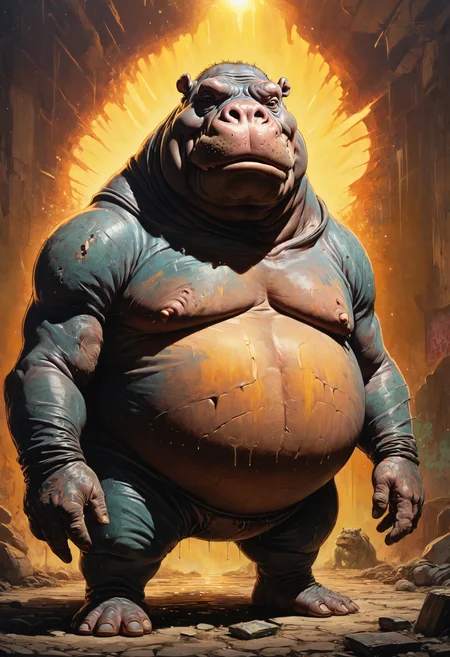 The belly is King Hippo, the MO is Van Helsing, The hello is from a portrait of abhorrent man melting, <lora:great_lighting:0.4> great lighting, Sunrays shine upon it, <lora:Ive_Got_The_Power:0.8>, <lora:Graffiti_SDXL:0.5> ais-graffiti