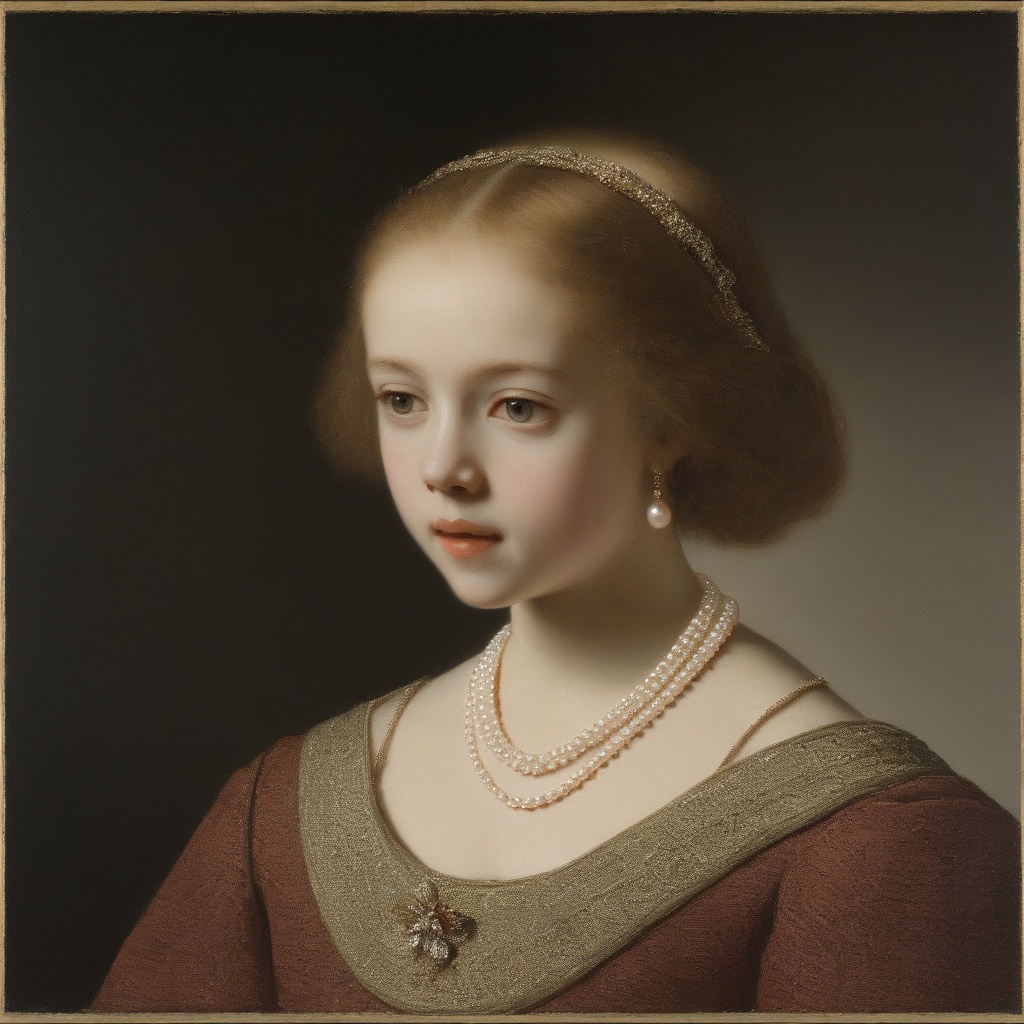 a painting of a young girl with a pearl necklace <lora:RembrandtXL_v1:1>