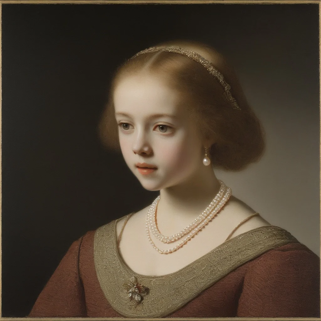 a painting of a young girl with a pearl necklace <lora:RembrandtXL_v1:1>