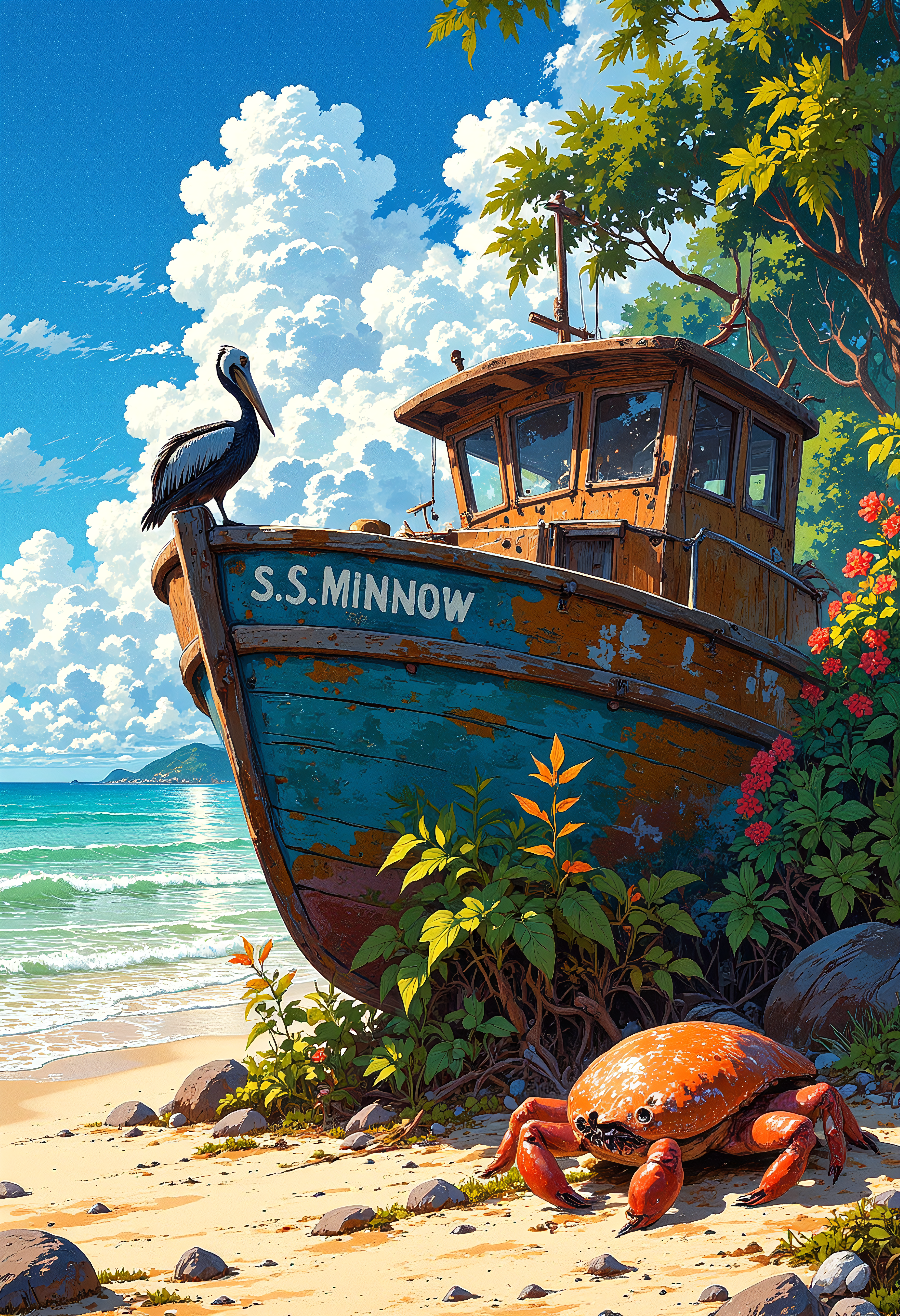 An abandoned boat on a tropical vacation, a pelican sits on the edge of the boat, on the side of the boat is written "S.S. Minnow", a crab hides behind seaweed covered rocks, seashells scatters the sandy beach, colorful tropical flowers, landscape, tourism, colorful, vibrant glow