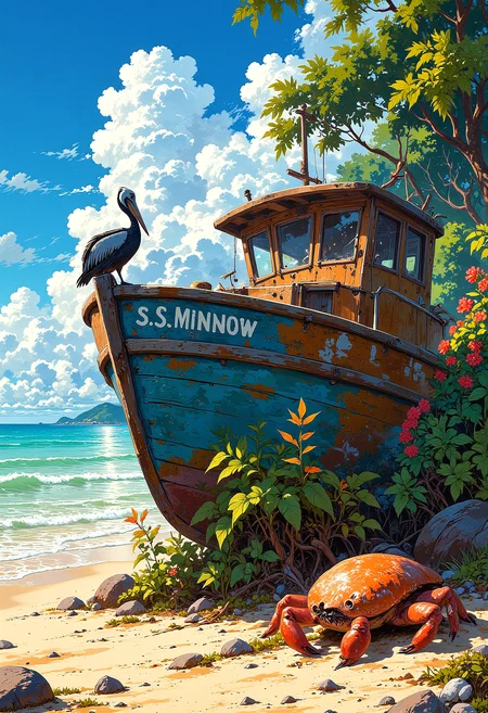 An abandoned boat on a tropical vacation, a pelican sits on the edge of the boat, on the side of the boat is written "S.S. Minnow", a crab hides behind seaweed covered rocks, seashells scatters the sandy beach, colorful tropical flowers, landscape, tourism, colorful, vibrant glow