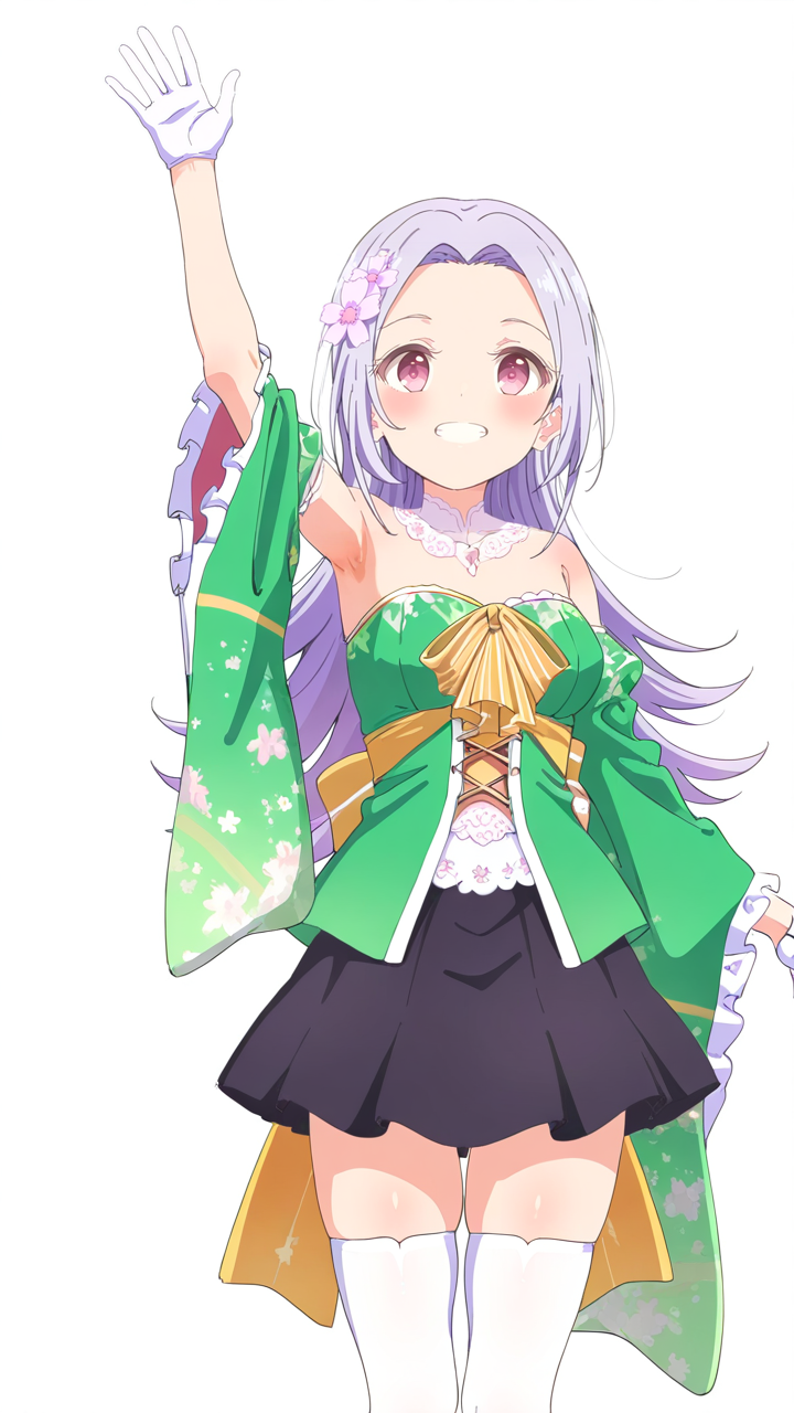 1girl,looking_at_viewer,smile,Nadeshiko,hair ornament,hair flower,idol,gloves,white gloves,thighhighs,white thighhighs,wide sleeves,black skirt,waving,white_background,simple background,anime screenshot,sincos,<lora:Nadeshiko_Illustrious_v3:1>,, masterpiece, best quality