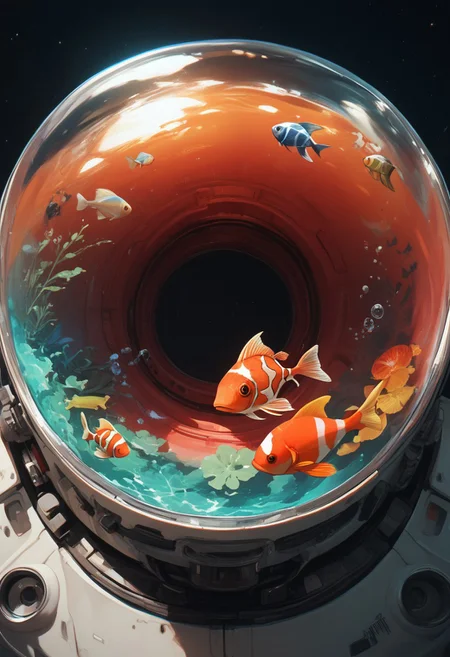 easynegative, source_anime, zPDXL2, extremely detailed, score_9, score_8_up, score_7_up, score_6_up, object_head, h3ad, <lora:Insert_Head_Here:1> fishbowl, goldfish, deep space background, close up