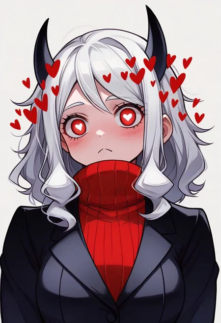 <lora:flattening-ponyxl-v1:1.3>, ,, Modeus_(Helltaker),horns, heart, demon girl, demon horns, heart-shaped pupils, symbol-shaped pupils, black horns, medium hair,demon tail, sweater, red sweater, tail, ribbed sweater, long sleeves, turtleneck, black jacket, formal, suit,, Anime eyes, anime face,<lora:add-detail-xl:0.7> <lora:xl_more_art-full_v1:0.1>