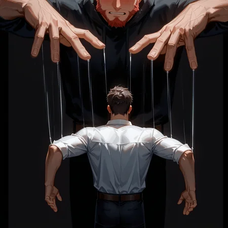 <lora:puppet_strings_illustrious:0.8> ppptstrngs, puppet strings, string, restrained, 2boys, empty eyes, out of frame, black background, 
(very short hair, beard, bara, mature, facial hair, stubble, beard, full beard, sideburn, beard, a lot of beard, ), facial hair,male focus, muscular male, muscular male, bara, mature,  bara, mature, aixiwuganda_(20222192), very awa, masterpiece, best quality, absurdres, newest, perfect quality, detailed background, intricate details,
<lora:slider_Body Type_alpha1.0_rank4_noxattn_last:3><lora:style_Anime Summer Days 2 Style SDXL_LoRA_Pony Diffusion V6 XL:.6><lora:slider_cfg_scale_boost:.7><lora:Artist6p:.55>, Artist6p, Artist04p,<lora:slider_il_brightness_slider_d1:-1><lora:slider_il_contrast_slider_d1:-1><lora:slider_DarkSlider1.2_alpha1.0_rank16_full_300steps:-.6>