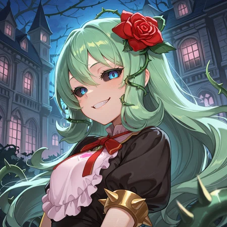 <lora:ChamIllustriousBackgroundEnhancer:0.5> <lora:illustrious_quality_modifiers_masterpieces_v1:0.8> , masterpiece, very aesthetic, absurdres, best quality, amazing quality, high resolution, newest, very awa, scenery, volumetric lighting, solo, looking at viewer, <lora:ToraIllustrious:0.8> , tordef, 1girl, solo, long hair, green hair, black sclera, blue eyes, hair flower, neck ribbon, bib collar, black dress, frilled dress, gold trim, juliet sleeves, yellow armlet, spiked armlet, thorns, ((upper body)), exterior, mansion, evil grin,
