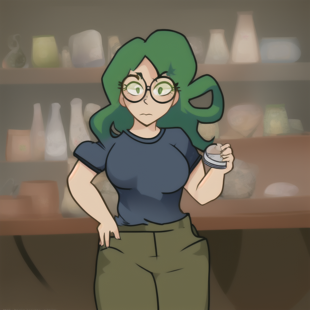 Woman, Petite, Standing, Green Hair, Round Glasses, blue shirt, Tan pants,  <lora:PeachyPop34 Style Lohcon-step00219000:1>