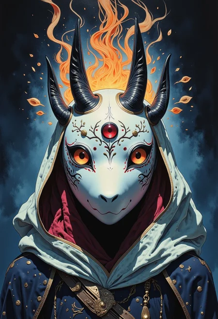 detailed painting depicting a haunted kitsune mask radiating an eerie aura
