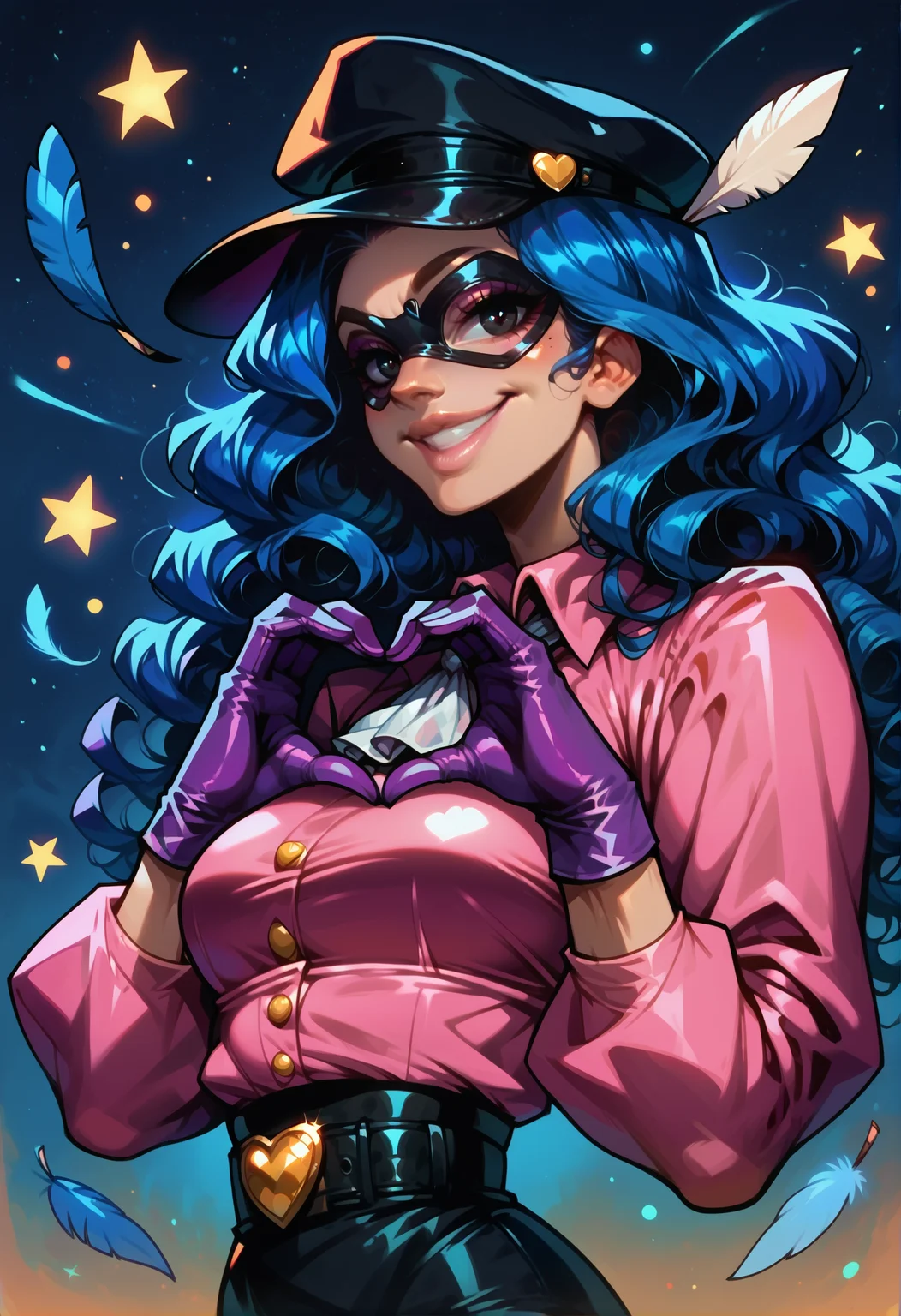 score_9, score_8_up, score_7_up,
1girl, belt buckle, black belt, black eyes, black hat, black mask, blue background, blue hair, buttons, collared shirt, domino mask, gloves, grin, hat feather, heart, heart hands, lips, long hair, long sleeves, looking at viewer, masked, medium breasts, parted lips, pink lips, pink shirt, purple gloves, shirt, smile, solo, underbust, wavy hair, white ascot, outdoors, night sky, stars, (from side:1.25),
<lora:Gradient_Rhapsody:0.75> <lora:DetailedEyes_V3:1>