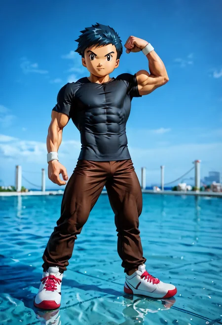 Digimon, score_9, score_8_up, score_7_up, score_6_up, detailed, intricate details, highres, absurdres ,source_anime, henry wong, blue hair, grey eyes, black shirt, wristband, brown pants, 1boy, eight-pack-abs, eight abdominal muscles, eight abs, eight pack abs, eight-pack abs, biceps flexing, looking at viewer, male focus, solo, kid with muscles, muscular arms, muscular legs, muscular kid, muscular pectorals, kid with hyper muscles, full body, male focus, hyper muscles, muscular abs, muscular arms, hyper muscular kid, muscular forearms, muscular legs, muscular neck, muscular pecs, muscular shoulders, muscular thighs, short height, solo, ten abdominal muscles, ten abs, ten pack abs, ten-pack abs, ten-pack-abs