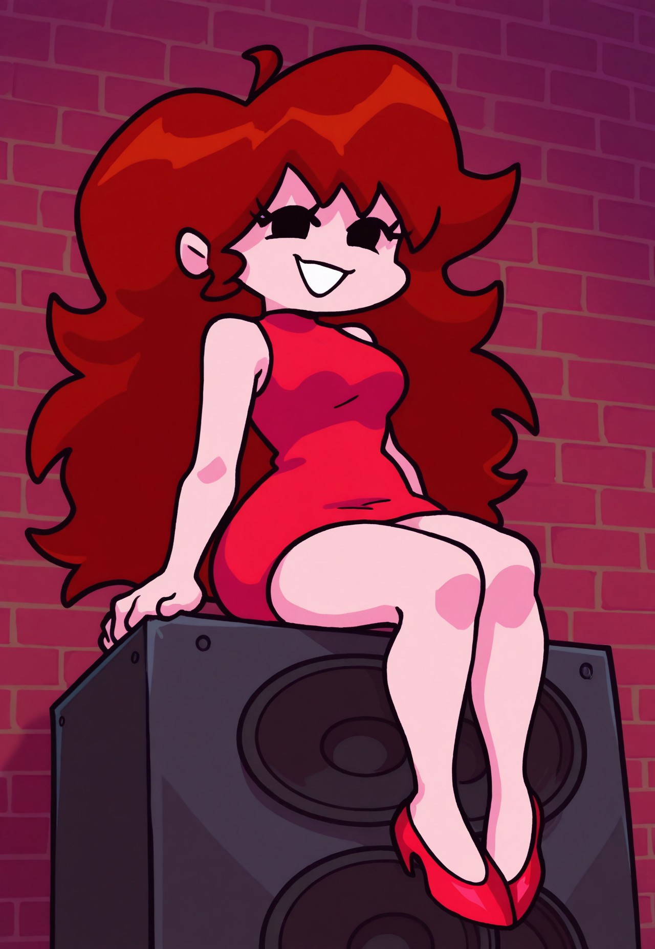 masterpiece, hires, fnfstyle, friday night funkin, gfrnd, ahoge, brown hair, long hair, black eyes, red dress, sleeveless dress, short dress, bare shoulders, high heels, smiling, 1girl, short, solo, sitting on speakers, legs, brick wall