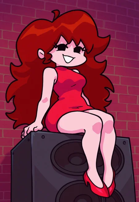 masterpiece, hires, fnfstyle, friday night funkin, gfrnd, ahoge, brown hair, long hair, black eyes, red dress, sleeveless dress, short dress, bare shoulders, high heels, smiling, 1girl, short, solo, sitting on speakers, legs, brick wall