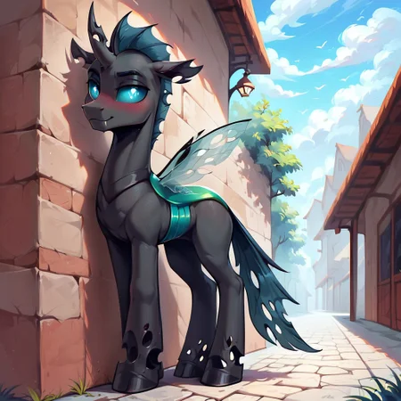 masterpiece, score_9, score_8_up, score_7_up, (best quality:1.1), ultra-detailed, high resolution, 1boy, solo, Changeling, mlp, highly detailed macro illustration, blushing, feral, male, holey hoofs, ragged ears, crooked horn, insect wings, black skin, outside, (((beautiful detailed eyes))), (cornering), taking cover, spying, marble wall, Highly Visible, (((8k))), sharp focus, perfect lighting, anatomically correct, extremely detailed, shine on body, (Pony town), high detail, evil face, Expressiveh, detailed background, OverallDetail, zPDXL2, <lora:Corneringv1:0.8>