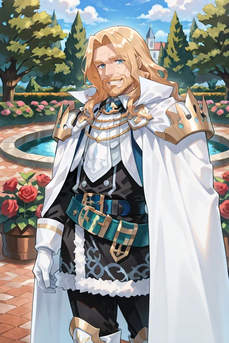 <lora:OrdeneIL:0.85> , ordedef, 1boy, blue eyes, blonde hair, long hair, facial hair, mustache, beard, white cape, collared cape, armor, pauldrons, white gloves, fur-trimmed skirt, black skirt, black pants, belt, white boots, cowboy shot, grin, exterior, garden, pond, courtyard, roses, flowers old man, wrinkles, looking at viewer, solo, masterpiece, very aesthetic, absurdres, best quality, amazing quality, high resolution, newest, very awa, <lora:illustrious_quality_modifiers_masterpieces_v1:0.8> , <lora:ChamIllustriousBackgroundEnhancer:0.5>, ((solo)),