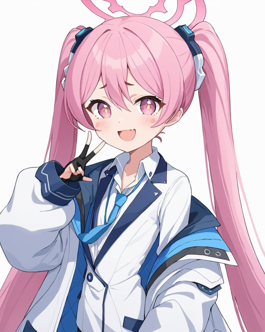 koyuki \(blue archive\),1girl, solo, double_v, fingerless_gloves, twintails, white_shirt, halo, black_gloves, looking_at_viewer, jacket, simple_background, white_background, collared_shirt, blue_necktie, skin_fang, open_mouth, blush_stickers, smile, upper_body, sidelocks, long_sleeves, +_+
<lora:koyuki_(blue_archive)_image708_2023-11-28-000012:1>halo. gorgeous,key visual, vibrant, studio anime,award-winning, professional, highly detailed,high budget, cinemascope