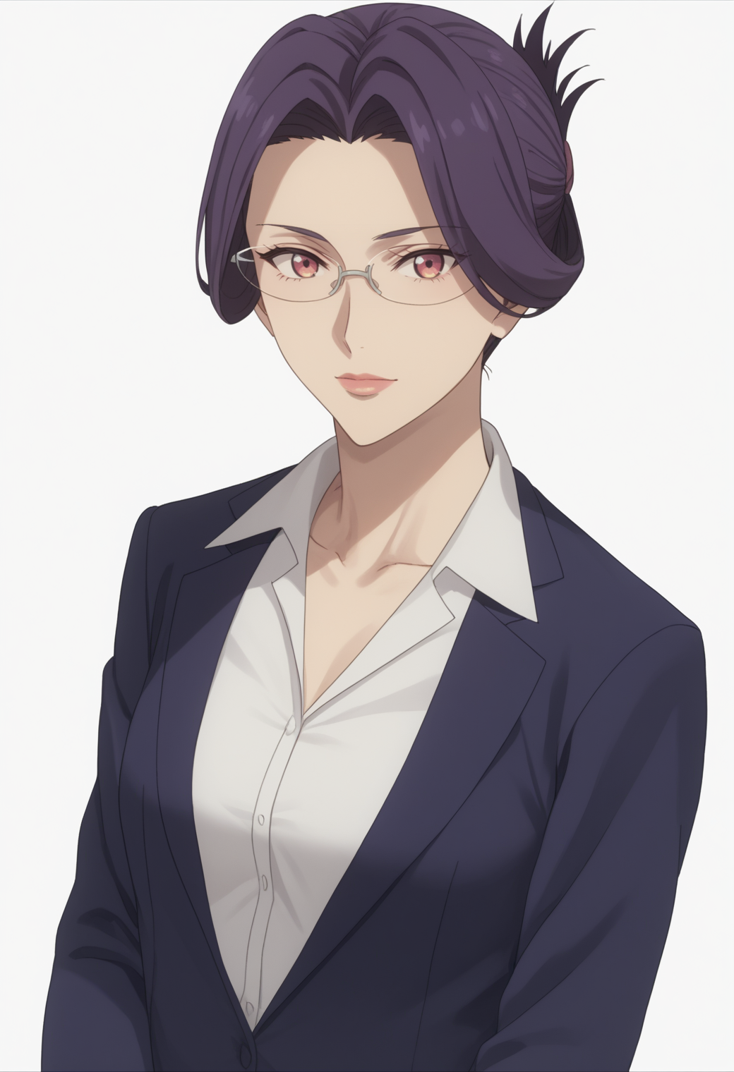 score_9, score_8_up, score_7_up, source_anime, white white background, looking at viewer,   BREAK, 1girl, solo,   <lora:DX888YumikaRaiha:1>, tsuge raiha, purple hair, folded ponytail, mature female, red eyes, suit, glasses,