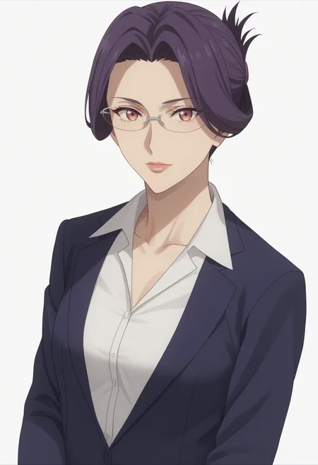 score_9, score_8_up, score_7_up, source_anime, white white background, looking at viewer,   BREAK, 1girl, solo,   <lora:DX888YumikaRaiha:1>, tsuge raiha, purple hair, folded ponytail, mature female, red eyes, suit, glasses,