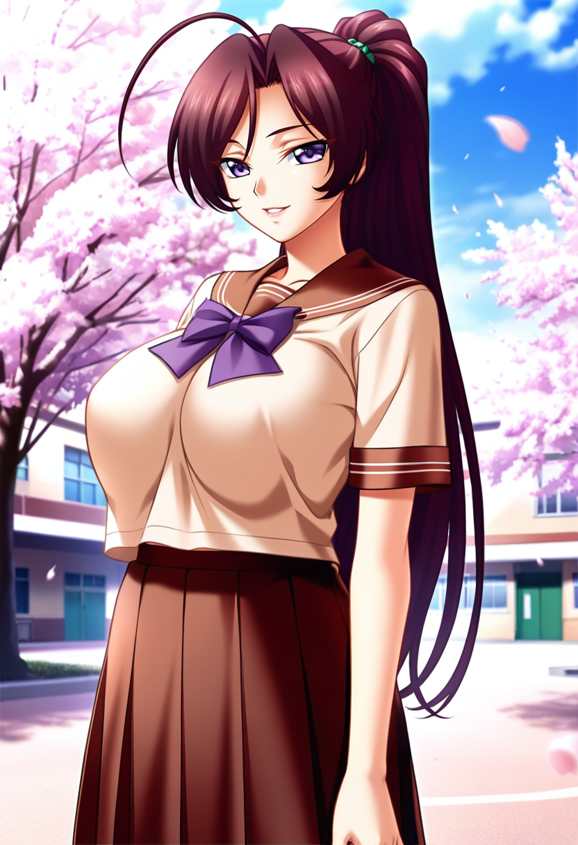 masterpiece, best quality, amazing quality,mifuyu kamijou, purple eyes, maroon hair, long hair, ponytail, ahoge, 1girl, solo, school uniform, breasts,large breasts,serafuku, pleated skirt,light brown shirt, brown skirt, purple bow, short sleeves, mature female,parted lips, light smile, standing, looking at viewer, cowboy shot, blurry background, outdoors, school, cherry blossoms <lora:mifuyu kamijouV1:1>