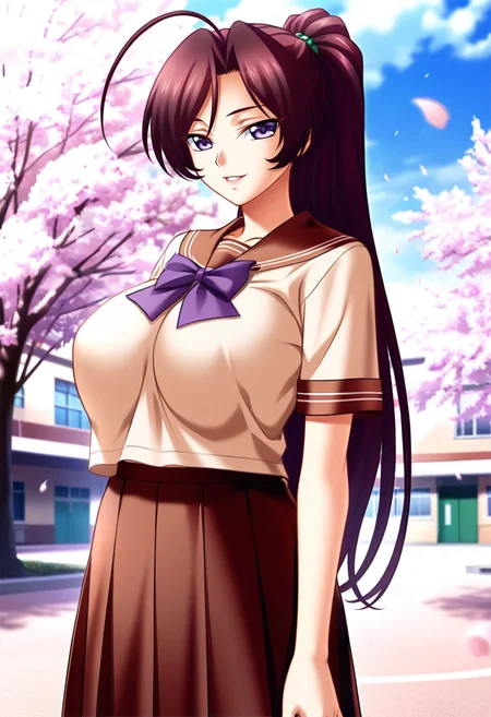masterpiece, best quality, amazing quality,mifuyu kamijou, purple eyes, maroon hair, long hair, ponytail, ahoge, 1girl, solo, school uniform, breasts,large breasts,serafuku, pleated skirt,light brown shirt, brown skirt, purple bow, short sleeves, mature female,parted lips, light smile, standing, looking at viewer, cowboy shot, blurry background, outdoors, school, cherry blossoms <lora:mifuyu kamijouV1:1>