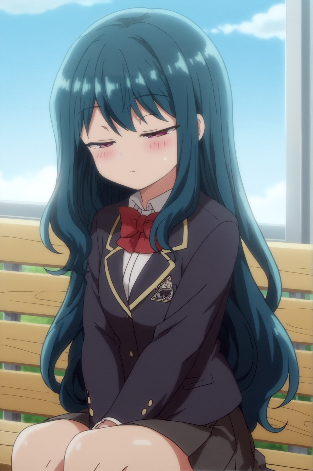 score_9, score_8_up, score_7_up,anime_source, source_anime, best background, detailed background, anime screencap,  Yuu, 1girl, blazer, bow, bowtie, jacket, red bow, school uniform, skirt, dynamic angle, blush, sitting, bench, close eyes, sleeping,  indoors, <lora:JN_Nozaki_Yuu:0.8>