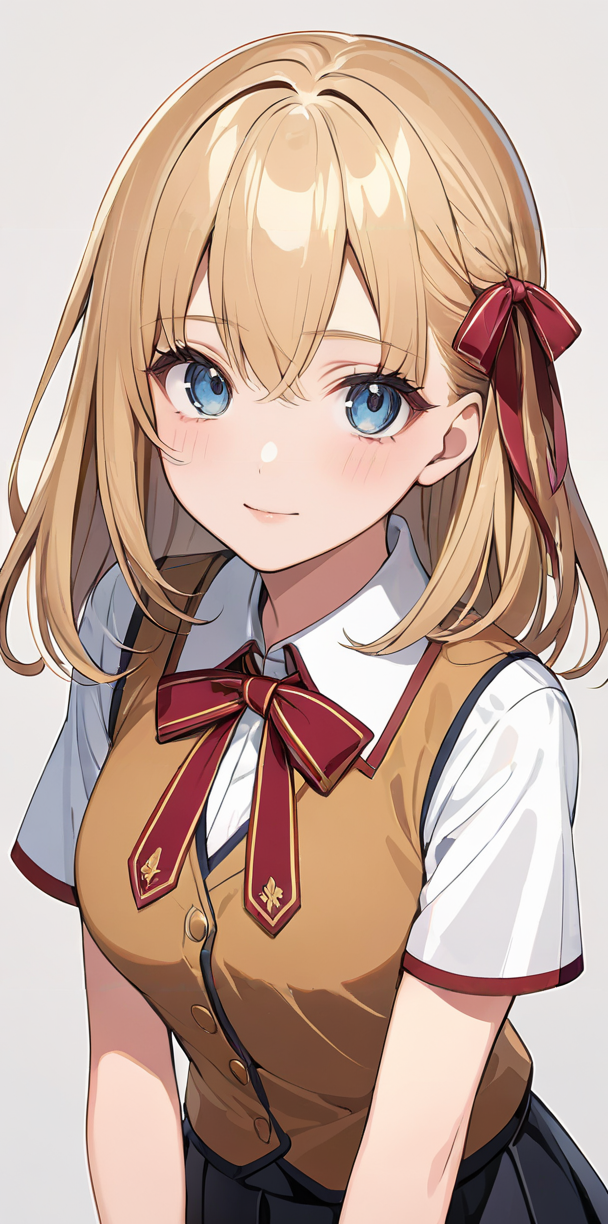 masterpiece,ultra-detailed,best quality,8K,illustration,cute face,clean skin ,shiny hair,girl,ultra-detailed-eyes,simple background, <lora:add-detail-xl:1> <lora:homurahara academy school uniform_XL_V1.0:1> homurahara academy school uniform, red ribbon, vest, skirt