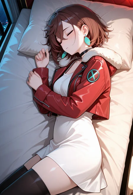 masterpiece, best quality, amazing quality, depth of field, highres, detailed background, cinematic lighting, volumetric lighting, Fixhand, detailed, 1girl, solo, side view, from above, closed eyes, lying on bed, blush, unconscious, faint, focus face, indoors, love hotel, night, dark, natural light, j4cket, cropped jacket, red jacket, black choker, white dress, red details, short dress, fur trimmed jacket, long sleeves, black thighhighs, open jacket, ayasemomo,  brown hair, short hair, hair between eyes, crossed bangs, black choker, earrings, close eyes, official style