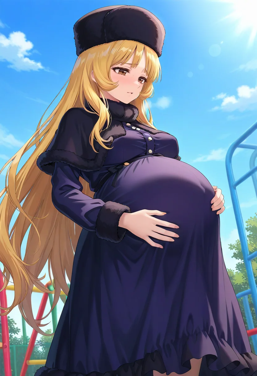STYLE(comfy++,none) masterpiece, best quality, azuuru, torino aqua, 1girl, aged up, large breasts, covered, pregnant, big belly, maetel, ginga tetsudou 999, brown eyes, blonde hair, very long hair, long hair, ushanka, solo, furrowed brow, exhausted, looking down, belly rub, hand on own stomach, , standing, profile, from below, day, playground, safe<lora:Other\Pregnancy_Slider.safetensors:1.5:1.5> <lora:Other\LoosePregV4.safetensors:1.0:1.0>