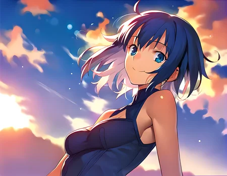 <lora:pony_xl_ciel:0.8>,ciel,score_9,score_8_up,score_7_up,source_anime,1girl,breasts,looking at viewer,sky,cloud,(against backlight at dusk:1.2),(backlighting:1.2),lens_flare,bokeh,kind_smile,closed mouth,sleeveless,clothing cutout,cleavage cutout,bare shoulders,from below,upper body,