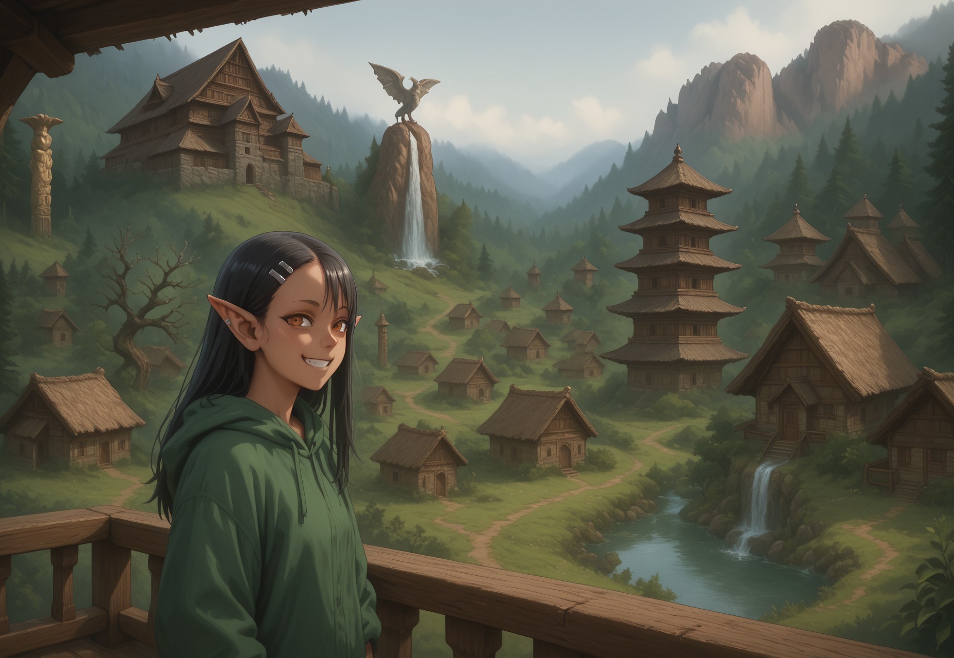 (((score_9, score_8_up, score_7_up, 1girl, solo, Nagatoro_Hayase, elf, druid, looking on viewer, smiling, leaning on the railings, Rampartmb2, mountain, tree, water, outdoors, waterfall, scenery)))
, 
((( masterpiece, )))
,
(((  )))
,
(((  )))
,
((( )))
,
((( ))) 
,
((( )))
,
((( )))