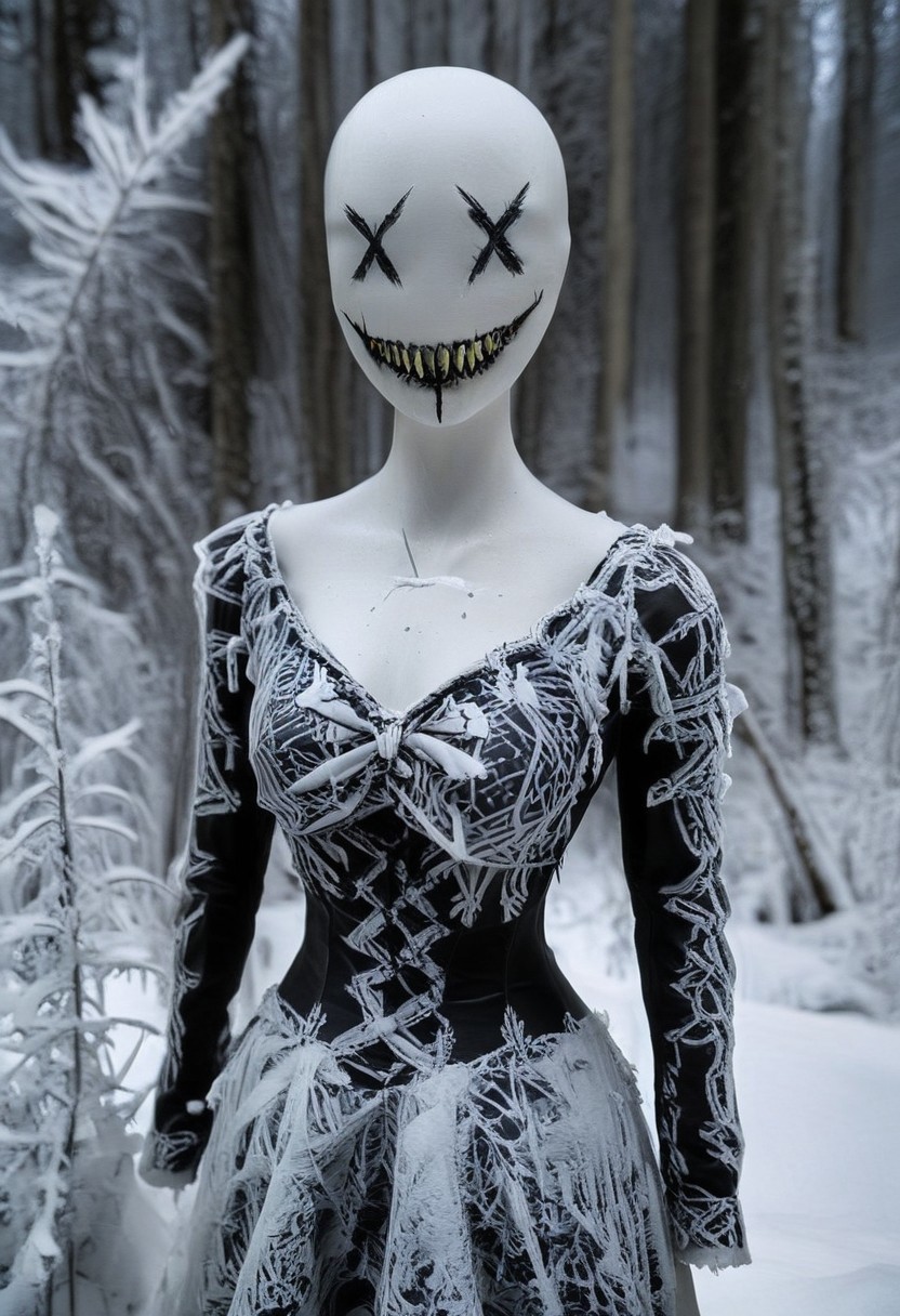 score_9, score_8_up, score_7_up, source_realistic, hyper-realistic details, extreme photorealism, high quality v3, (ultra-HD details),  
A white female faceless mannequin with X-eyes and fanged sewn creepy smile wearing a white victorianstyle dress outdoors in a Winter forest, lots snowflake with snowflakes falling from the sky... dark melancholic atmosphere