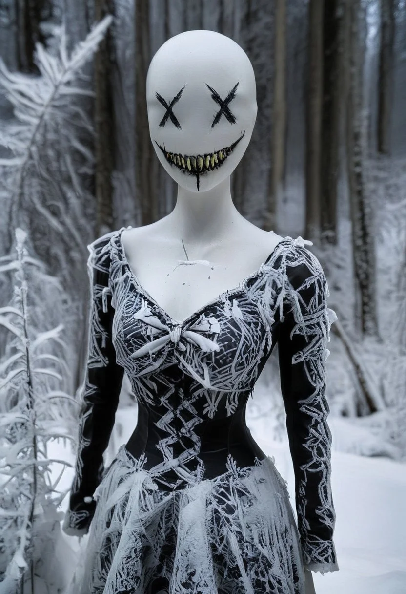 score_9, score_8_up, score_7_up, source_realistic, hyper-realistic details, extreme photorealism, high quality v3, (ultra-HD details),  
A white female faceless mannequin with X-eyes and fanged sewn creepy smile wearing a white victorianstyle dress outdoors in a Winter forest, lots snowflake with snowflakes falling from the sky... dark melancholic atmosphere