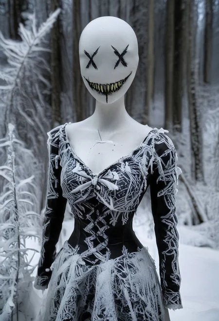 score_9, score_8_up, score_7_up, source_realistic, hyper-realistic details, extreme photorealism, high quality v3, (ultra-HD details),
A white female faceless mannequin with X-eyes and fanged sewn creepy smile wearing a white victorianstyle dress outdoors in a Winter forest, lots snowflake with snowflakes falling from the sky... dark melancholic atmosphere