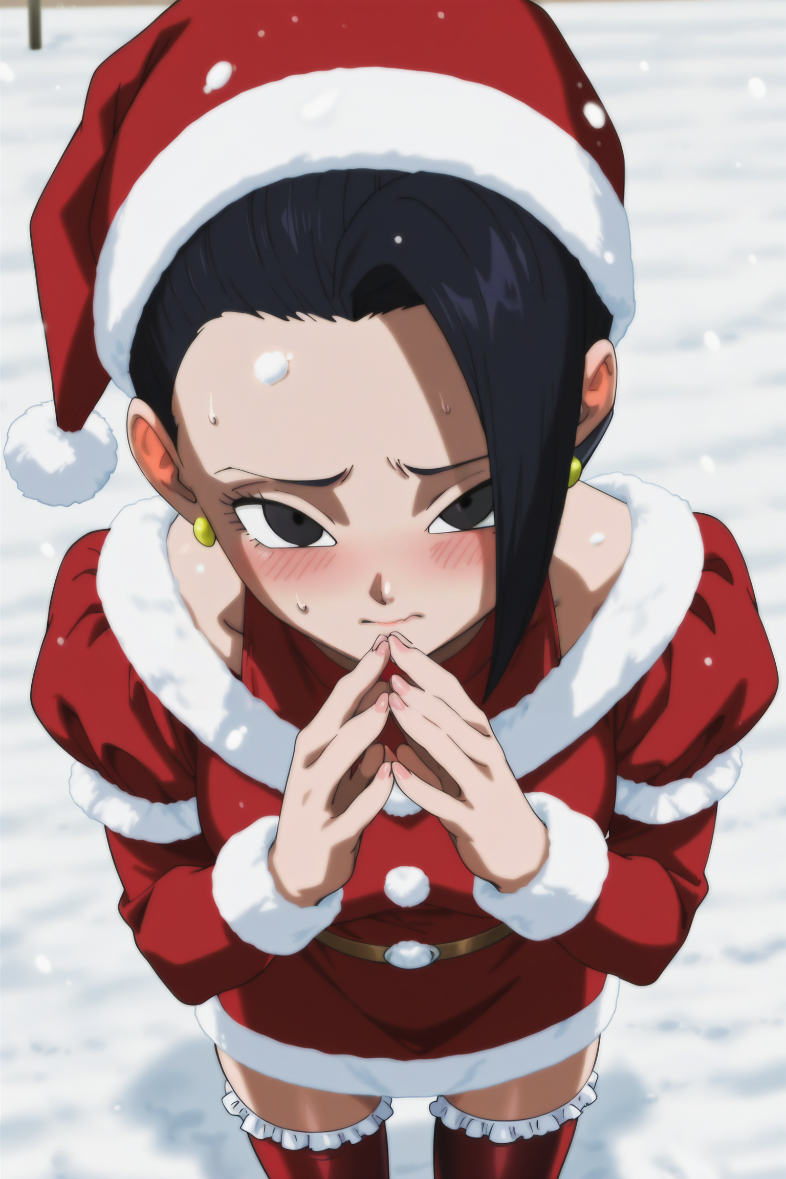 anime screencap, absurdres, high quality,
kale, black hair, black eyes, santa costume, santa hat, snow, dress, embarrassed, looking at viewer, nervous, fingers together, red thighhighs, frilled thighhighs, 
 <lora:kaleDBS_v1:0.8>