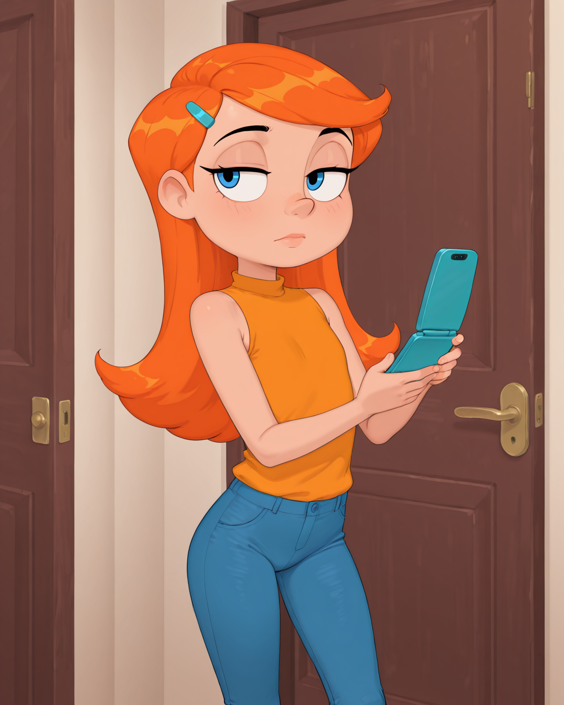 score_9, score_8_up, score_7_up, masterpiece, best quality, newest, absurdres, highres, amazing quality, colorful,
masterpiece, best quality, absurdres, newest, very aesthetic, amazing quality,highres,sensitive, absurdres, high resolution, ultra detailed, perfect details,
source_cartoon,   toon (style), (cartoon:1.0), source_carton:1.1, rating:suggestive, dynamic sexy pose, seductive, sultry,
detailed,detailed eyes,perfect eyes,detailed,detailed hands,perfect hands,detailed,detailed legs,perfect hands, 1girl, solo,
 <lora:Hoshime_Style_r2:0.6> , Hoshime_Style, petite,
<lora:Riley_Daring:0.8> , Riley_Daring, flip phone, blue pants, blue eyes, orange hair, holding phone, hair ornament, sleeveless shirt, door, hairclip, closed mouth, long hair,