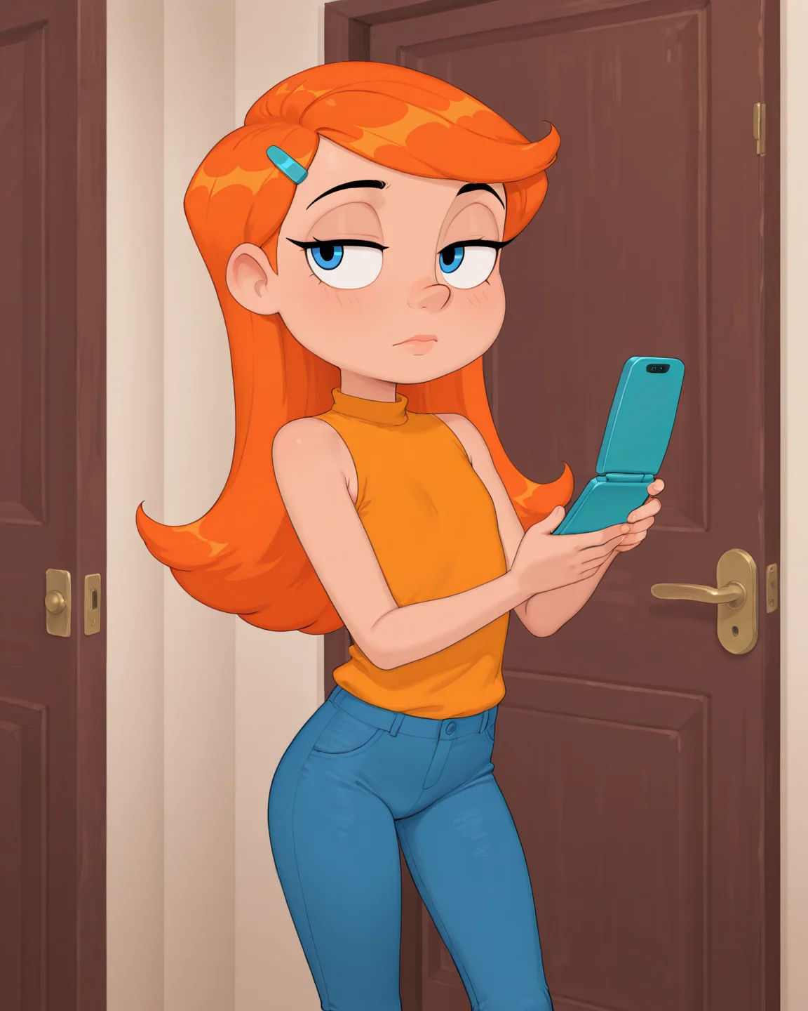score_9, score_8_up, score_7_up, masterpiece, best quality, newest, absurdres, highres, amazing quality, colorful,
masterpiece, best quality, absurdres, newest, very aesthetic, amazing quality,highres,sensitive, absurdres, high resolution, ultra detailed, perfect details,
source_cartoon, toon (style), (cartoon:1.0), source_carton:1.1, rating:suggestive, dynamic sexy pose, seductive, sultry,
detailed,detailed eyes,perfect eyes,detailed,detailed hands,perfect hands,detailed,detailed legs,perfect hands, 1girl, solo,
<lora:Hoshime_Style_r2:0.6> , Hoshime_Style, petite,
<lora:Riley_Daring:0.8> , Riley_Daring, flip phone, blue pants, blue eyes, orange hair, holding phone, hair ornament, sleeveless shirt, door, hairclip, closed mouth, long hair,