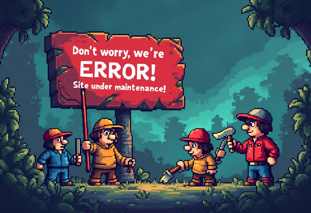 Pixelated Game World
A retro pixelated game world with characters holding tools and fixing a giant error message. Text: "Don't worry, we're leveling up! Site under maintenance."
