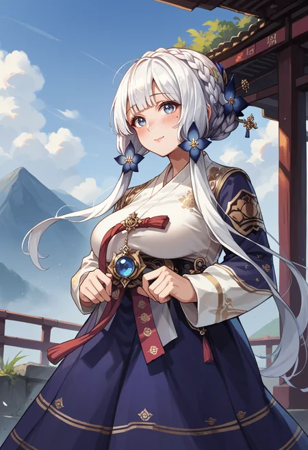 score_9, score_8_up, score_7_up, mlillusreh, blue eyes, blush, crown braid, hair ornament, hair ribbon, hanbok, korean clothes, (large breasts:1.8), long hair, long sleeves, mole under eye, smile, white hair, blue skirt, gold trim, hair flower, <lora:illustrious-hanbok-pdxl-v2:1>