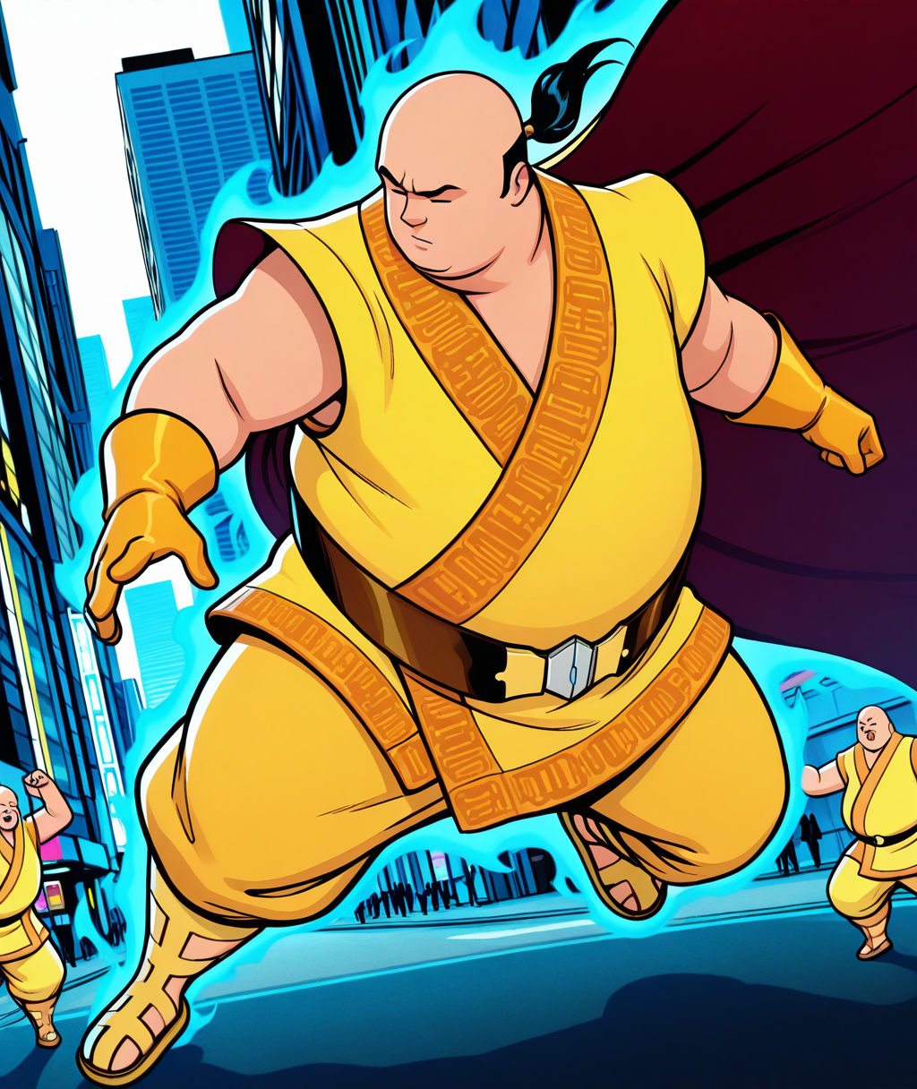 japanese clothes, cape_kimono, large_belt, high_belt, yellow latex_gloves, baggy pants, yellow gladiator sandals <lora:bigbang-000009:1> sdv-bigbang, 1boy, male focus, chubby, bald, long ponytail, black hair, =_=,
, city, incoming attack, solo focus, monster, aura, 
masterpiece, colorful, vibrant, uhd, hdr, luminous lighting, amazing quality, highres, high quality, very aesthetic, detailed background, dramatic angle, dynamic angle, dynamic pose