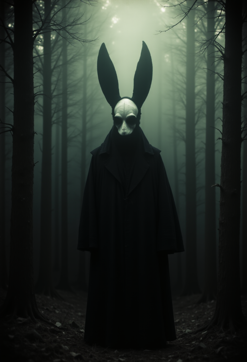 sinister, eerie, dark, shadow, distorted, grainy, film grain, Victorian, cultists, hooded, eerie, forest, rabbit head masks