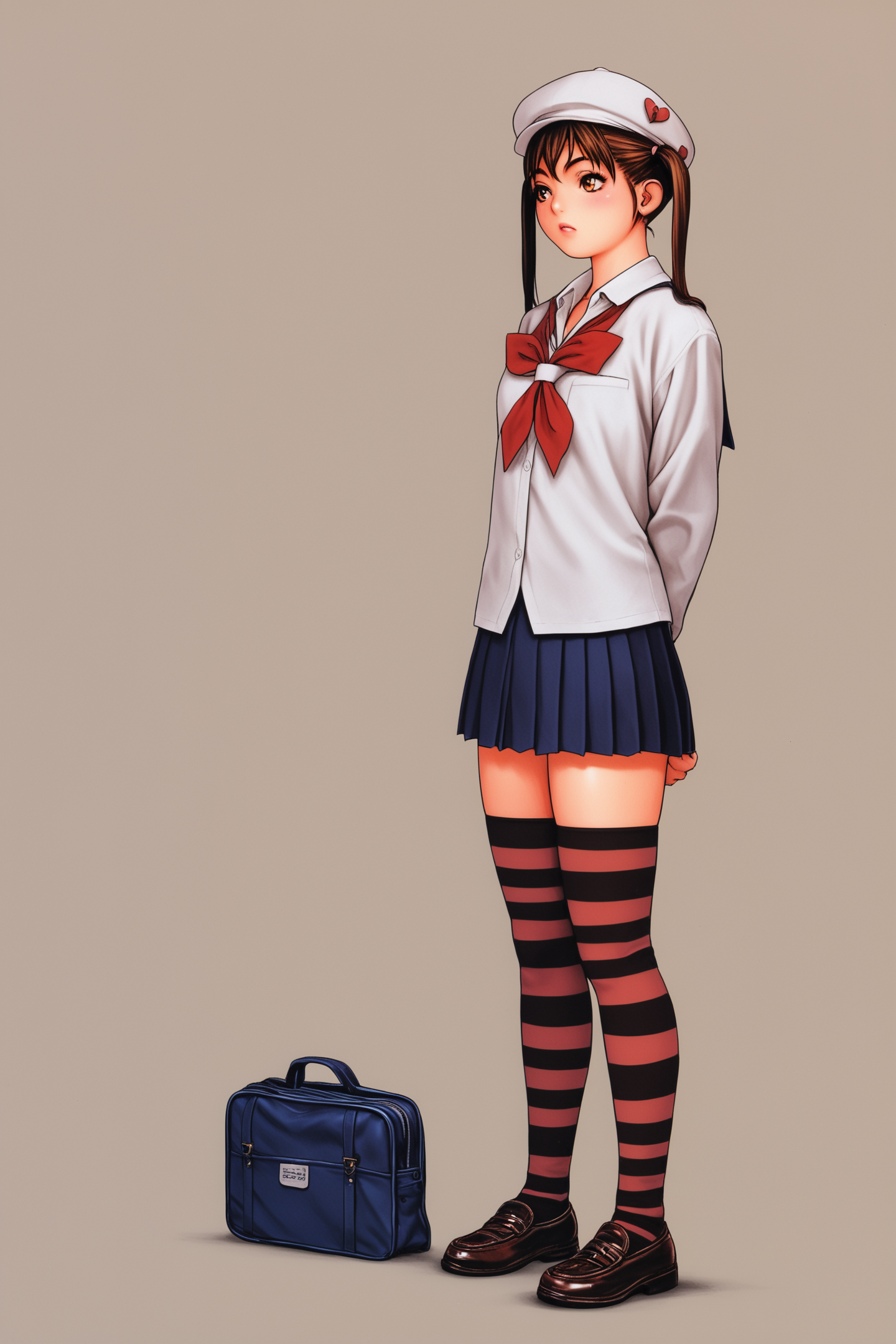 score_7up,
1girl,thighhighs,striped thighhighs,solo,striped clothes,twintails,hat,brown hair,zettai ryouiki,school bag,arms behind back,shoes,school uniform,
<lora:Tsukasa Jun_PONY_XL:1>,