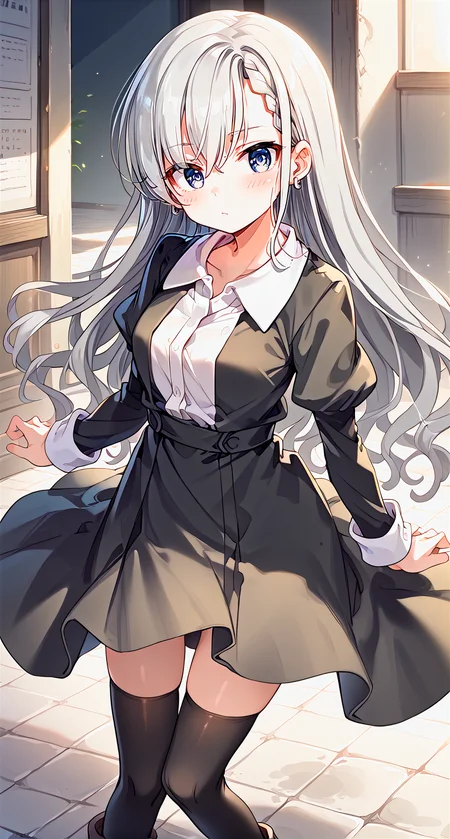 score_9,score_8_up,score_7_up,
official art,official style,game cg,megami magazine,
uncensored,
1girl,
hskwhyt school,hisakawa hayate,
bangs,black dress,black skirt,black thighhighs,blue eyes,
blush,braid,braided bangs,brown footwear,collared shirt,
dress,dress shirt,earrings,eyebrows visible through hair,grey hair,
hair between eyes,jewelry,juliet sleeves,long hair,long sleeves,
puffy sleeves,shirt,very long hair,wavy hair,white shirt,
standing,
<lora:idolmaster_hisakawa_hayate_pony_v1:1>,