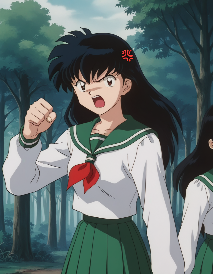 score_9, score_8_up, score_7_up, source_anime,
kagomehigurashi, <lora:kagome-higurashi-ponyxl-lora-nochekaiser:1>,
kagome higurashi, long hair, black hair, retro artstyle, brown eyes, angry, anger vein, shouting, open mouth,
skirt, shirt, long sleeves, school uniform, white shirt, pleated skirt, serafuku, sailor collar, neckerchief, green skirt, red neckerchief,
outdoors, forest, nature,
looking at viewer,