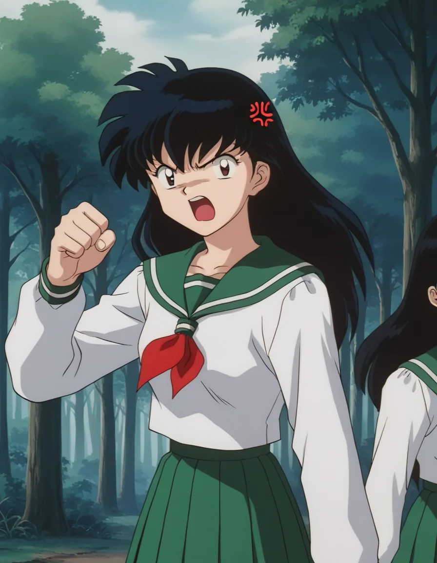 score_9, score_8_up, score_7_up, source_anime,
kagomehigurashi, <lora:kagome-higurashi-ponyxl-lora-nochekaiser:1>,
kagome higurashi, long hair, black hair, retro artstyle, brown eyes, angry, anger vein, shouting, open mouth,
skirt, shirt, long sleeves, school uniform, white shirt, pleated skirt, serafuku, sailor collar, neckerchief, green skirt, red neckerchief,
outdoors, forest, nature,
looking at viewer,