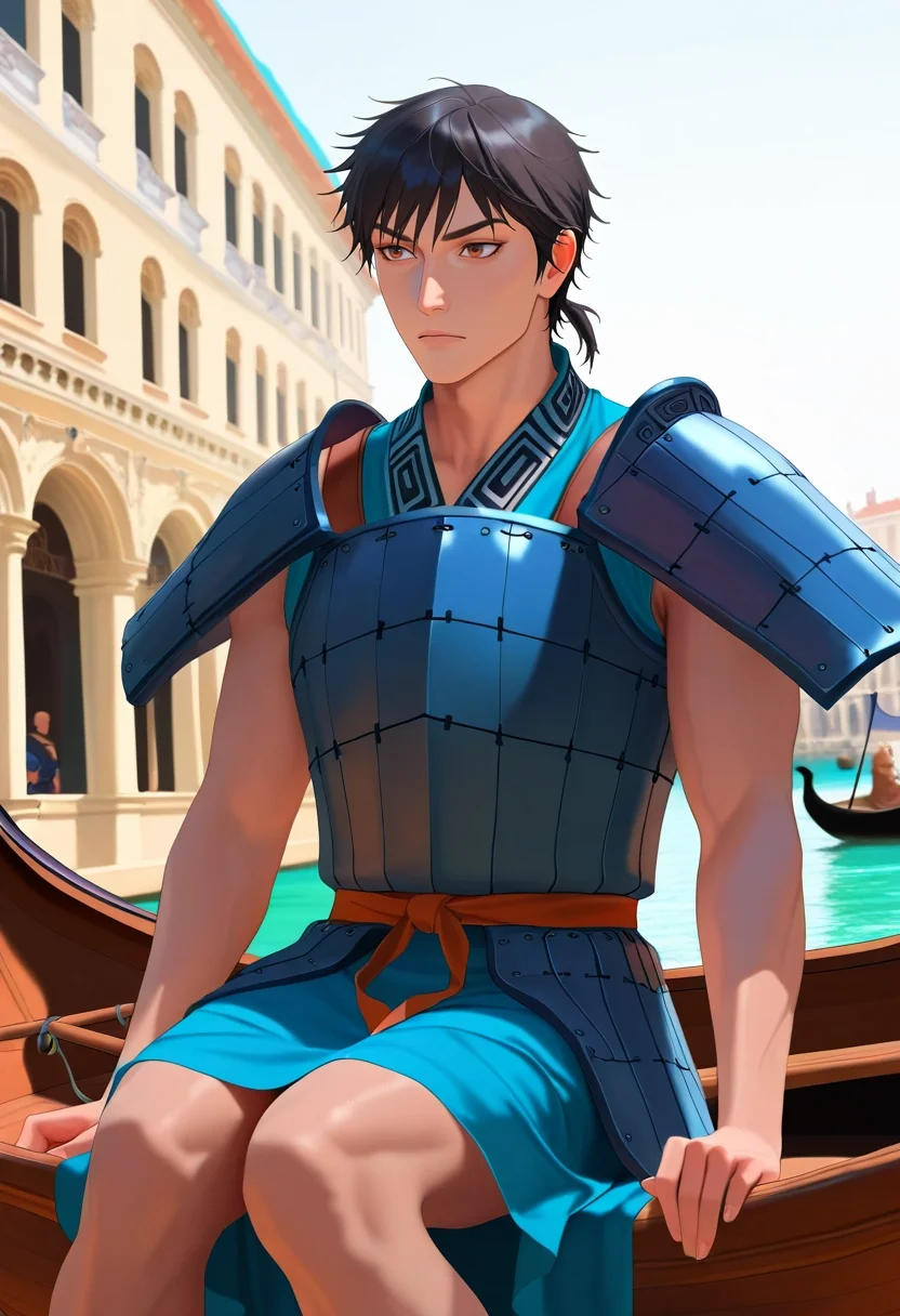 masterpiece, best quality, intricate details, (photorealistic:0.6), , , 1boy, solo, male focus, <lora:xin_kingdom_ilxl:1>, xin_kingdom, black hair, brown eyes, short hair, low ponytail, , armor, cowboy shot, venice, gondola ride, noon, knees together feet apart, distracted, aloof, oblivious,