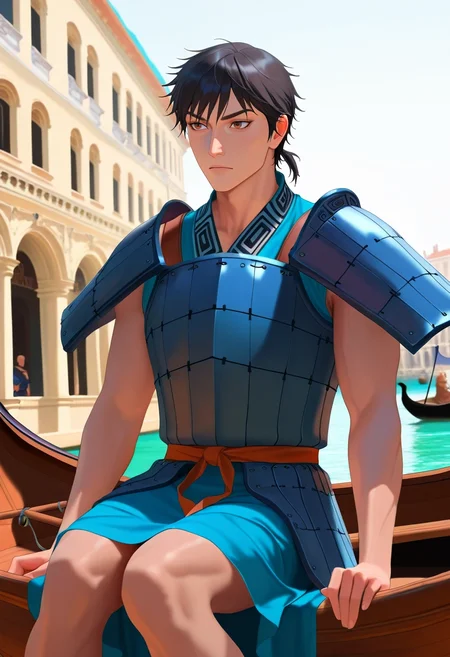 masterpiece, best quality, intricate details, (photorealistic:0.6), , , 1boy, solo, male focus, <lora:xin_kingdom_ilxl:1>, xin_kingdom, black hair, brown eyes, short hair, low ponytail, , armor, cowboy shot, venice, gondola ride, noon, knees together feet apart, distracted, aloof, oblivious,