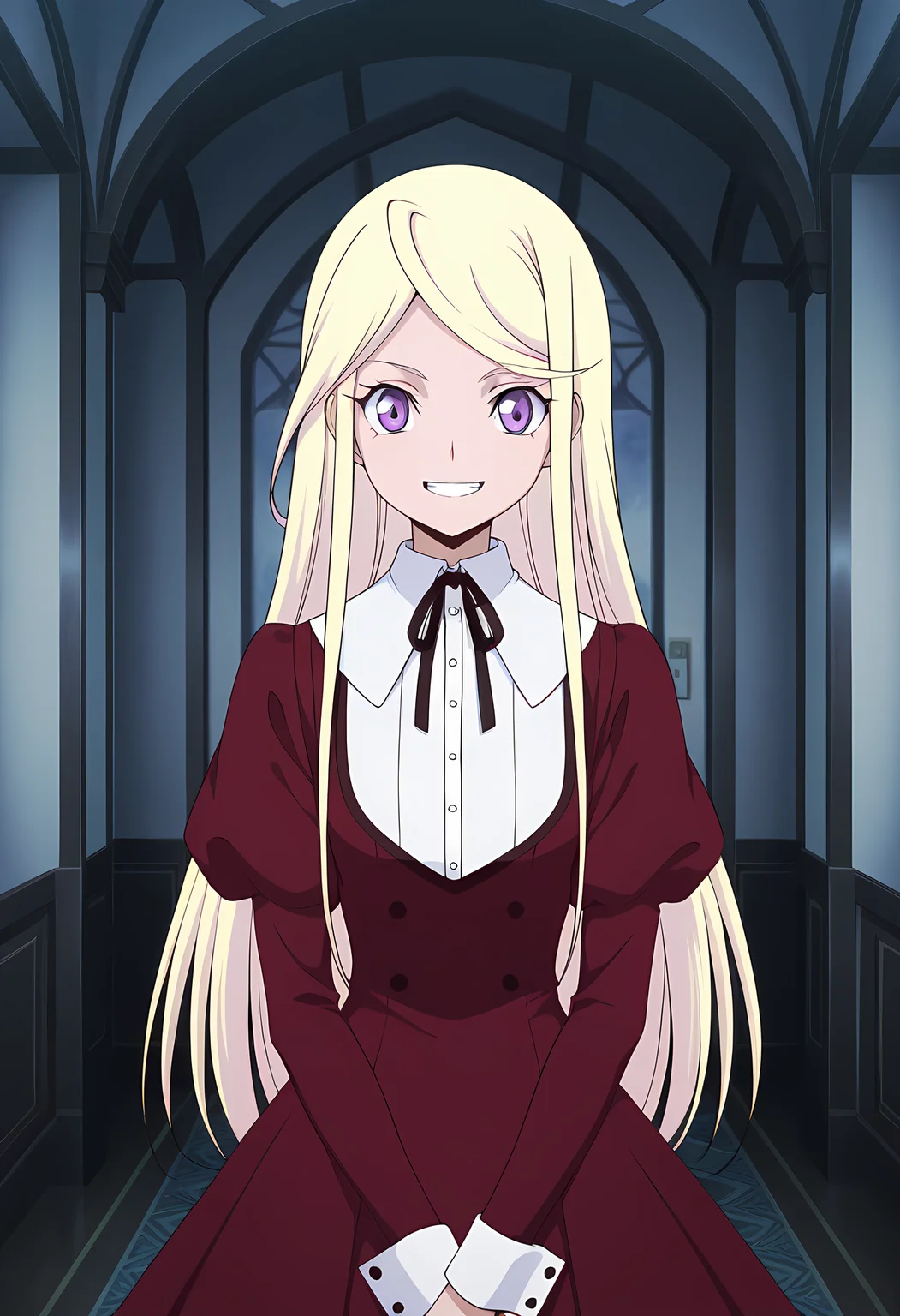 masterpiece,best quality,amazing quality,

1girl, solo,

Senka Kanae (Cardfight Vanguard), blonde hair, long hair, purple eyes, red dress, neck ribbon, black ribbon, buttons, long sleeves, juliet sleeves, puffy sleeves, white socks, 

looking at viewer, smile, teeth,

cinematic, crossing arms,

Indoors, upper body,

bloom,

Official style, anime screencap, anime coloring,
















