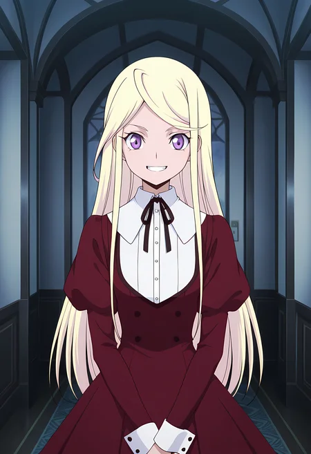 masterpiece,best quality,amazing quality,
1girl, solo,
Senka Kanae (Cardfight Vanguard), blonde hair, long hair, purple eyes, red dress, neck ribbon, black ribbon, buttons, long sleeves, juliet sleeves, puffy sleeves, white socks,
looking at viewer, smile, teeth,
cinematic, crossing arms,
Indoors, upper body,
bloom,
Official style, anime screencap, anime coloring,