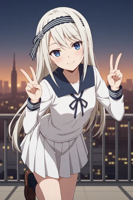 score_9, score_8_up, score_7_up, source_anime, 1girl, prefect lighting, very aesthetic, intricate details, highly detailed background, masterpiece, high quality, prefect hands, best quality, solo,
<lora:Kei_Shirogane_Kaguya-sama_Love_Is_War_V1:.85>, KJOkei, white hair, blue eyes, long hair, headband, 
white school uniform, long sleeves, 
smile, double peace sign, head tilt, blush, looking at viewer, leaning forward, standing on one leg, 
city, street, sunset, 
(Beautiful, small Breasts:1.2), natural breasts,